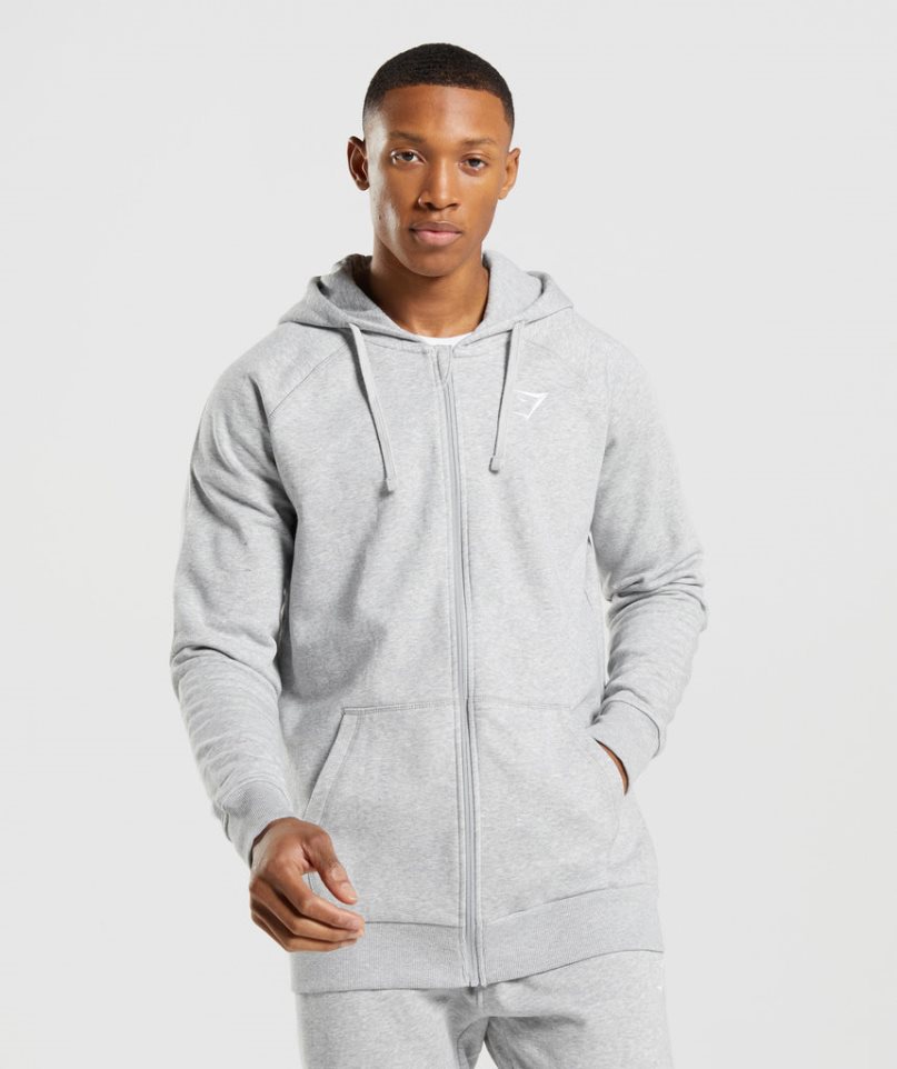 Men\'s Gymshark Crest Zip Up Hoodie Light Grey | NZ 4JAMCS